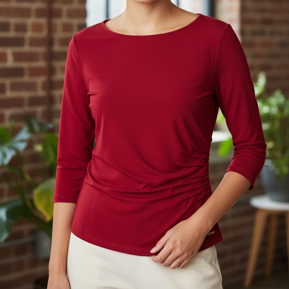 Calvin Klein Red Three-Quarter Sleeve Top – Pleated Waist Detail, Size Small